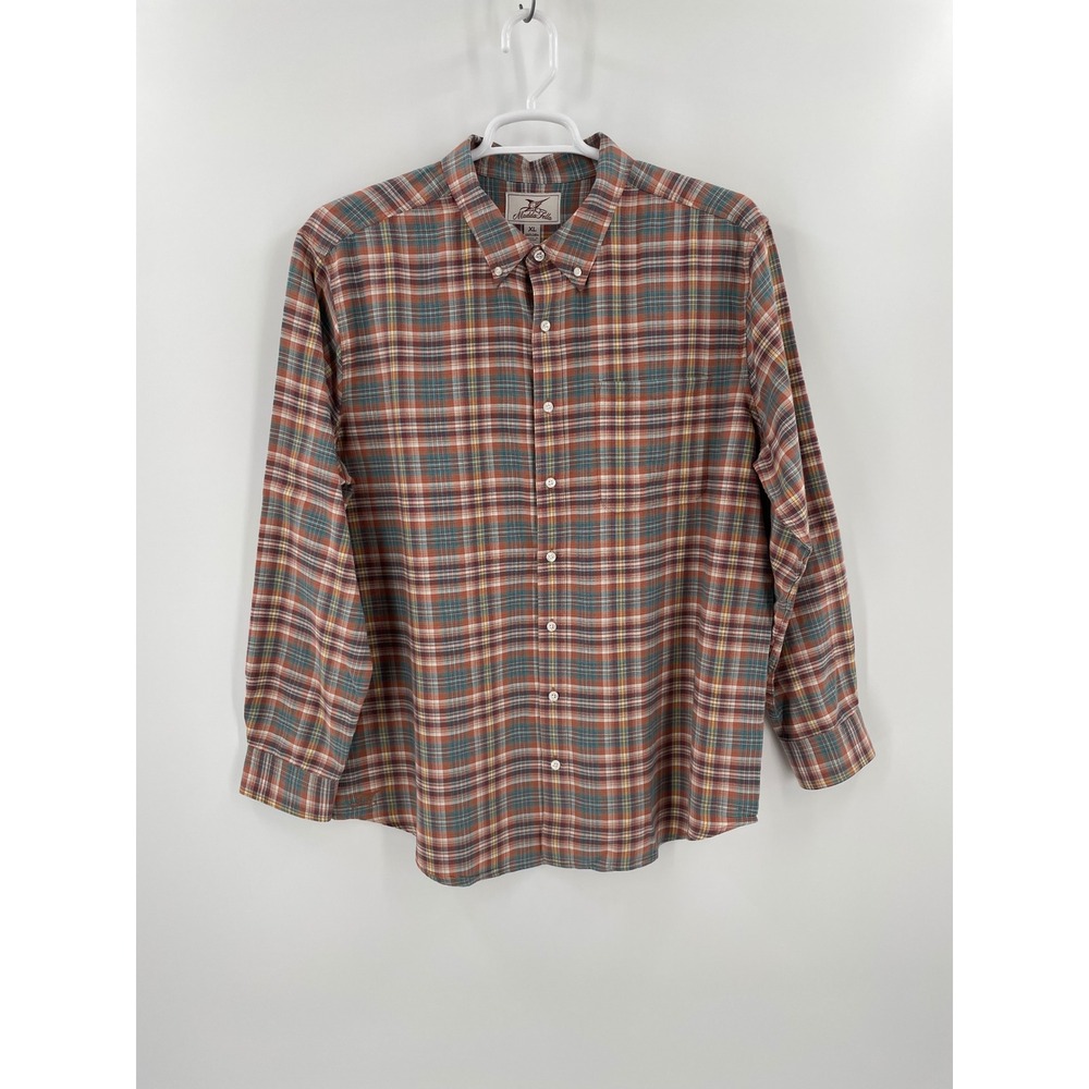 Madda Fella Ernest‎ Shirt XL Coral Stone Plaid Cotton Linen-Accent Style